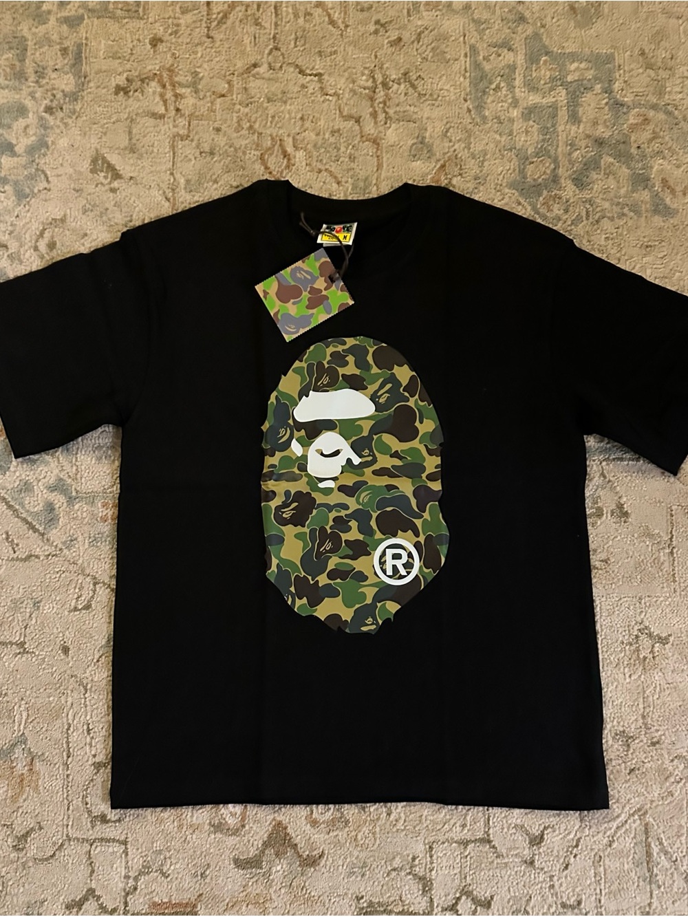 Bape Black Tee with Green Camo Ape Head Graphic